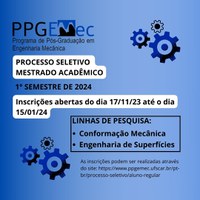 Abertas as Inscrições para Mestrado em Engenharia Mecânica na UFSCar para o 1º Semestre de 2024